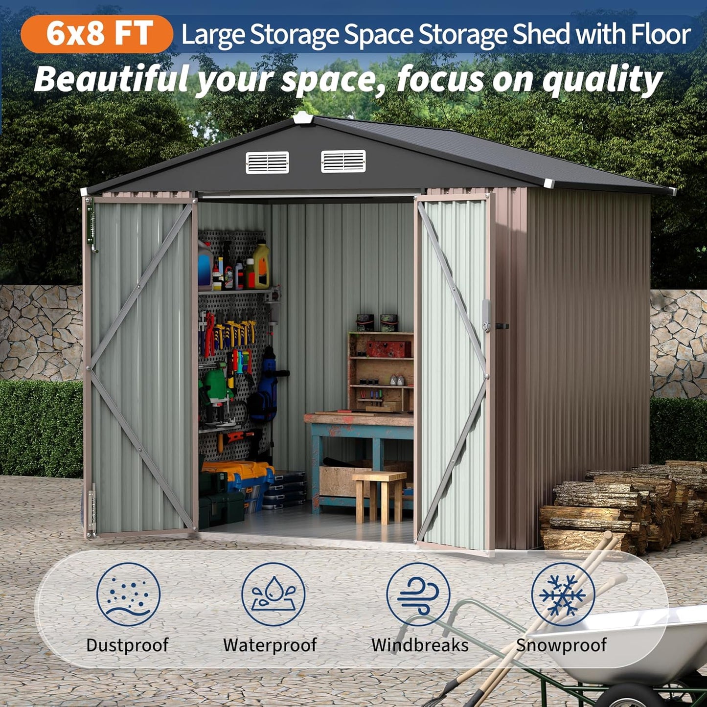 6x8 FT Metal Storage Sheds Outdoor with Floor, Metal ToolShed with Lockable Door, Metals Yard Sheds Metals Garden Shed Kit, MetalUtility Sheds Buildings with Air Vent for Backyard Garden Patio Lawn