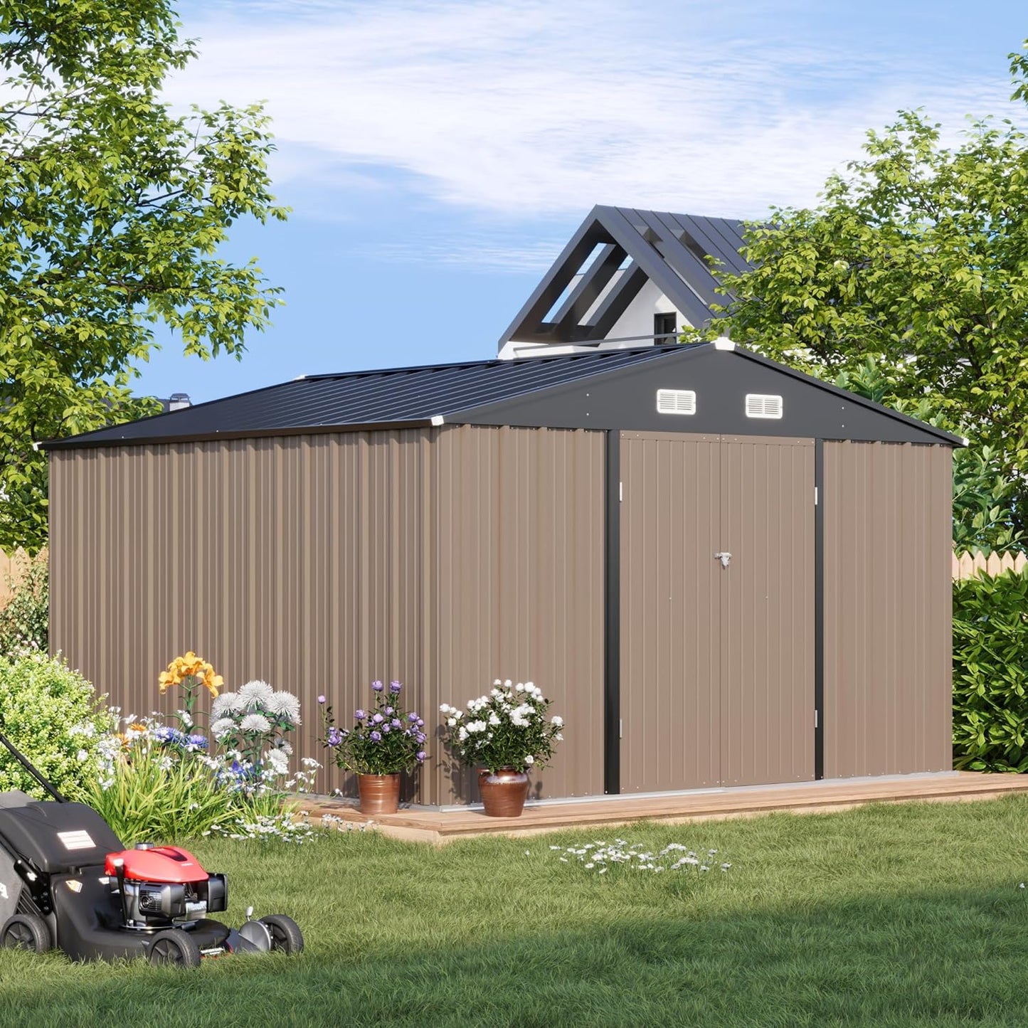 Patiowell 10 x 10 FT Outdoor Storage Shed,Metal Yard Shed with Design of Lockable Doors, Utility and Tool Storage for Garden, Patio, Backyard, Outside use,Brown