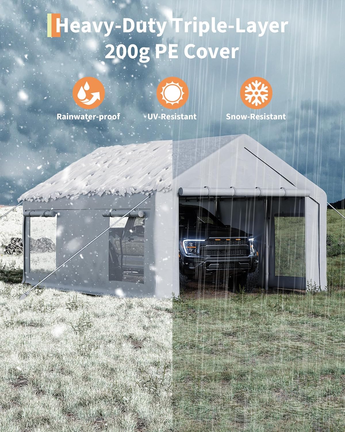 12x20 Ft Carport, Car Port with 200g PE Tarp, Roll-Up Doors, and 4 Windows, for Full-Size Pickups, Bass Boats, Tractors, and SUVs, White