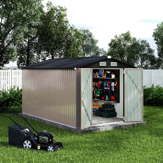 8x12x6.4 FT Outdoor Storage Sheds, Metal Garden Tool Shed for Backyard, Large Metal Sheds Outdoor Storage With Lockable Doors & Air Vents for Backyard Garden Patio Lawn