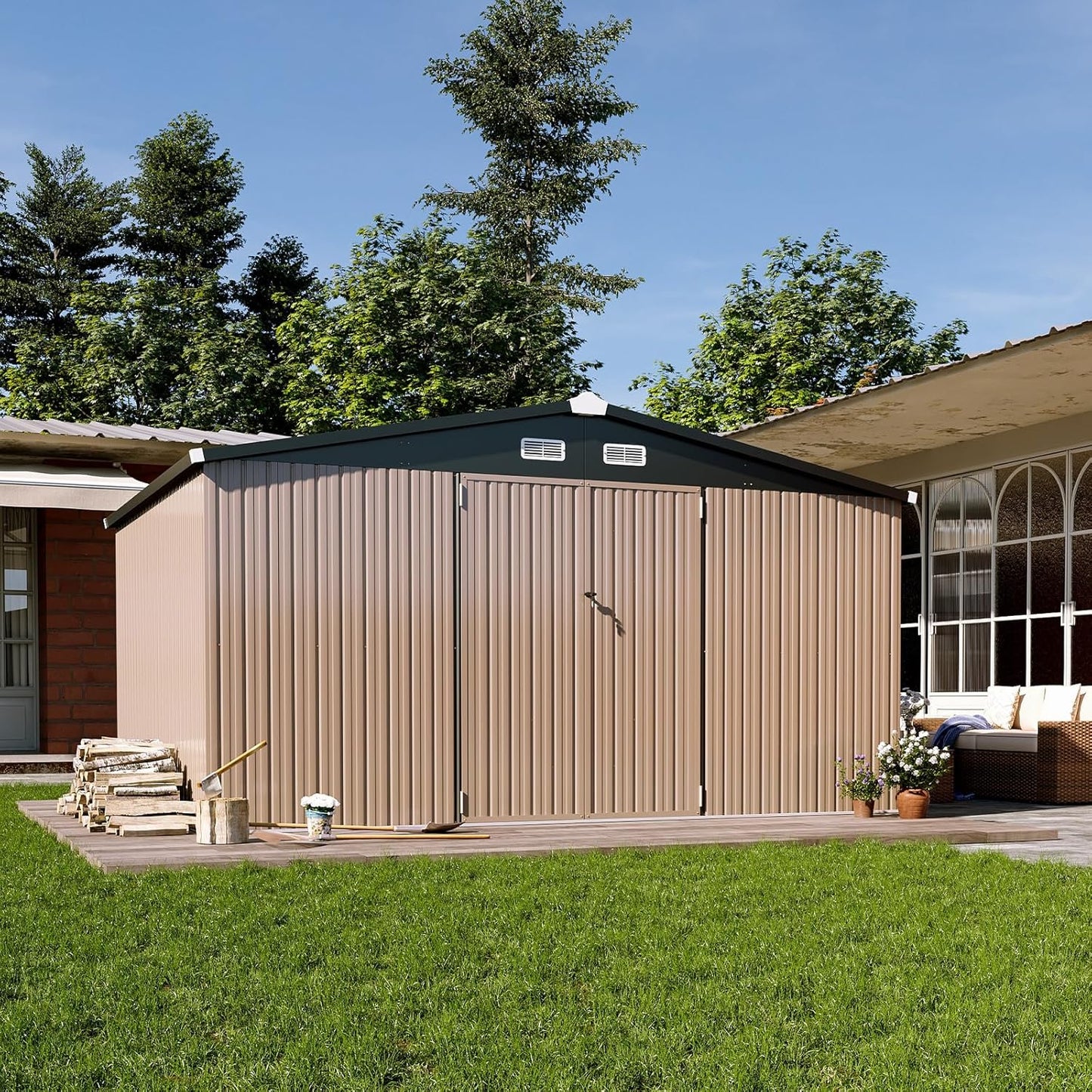 Aoxun 12x10 FT Shed Outdoor Storage Shed with Spacious Doors, Large Shed Steel Utility Tool Shed Storage House with Door & Lock, Metal Sheds with Sloped Roof for Garden Patio Lawn Poolside, Brown