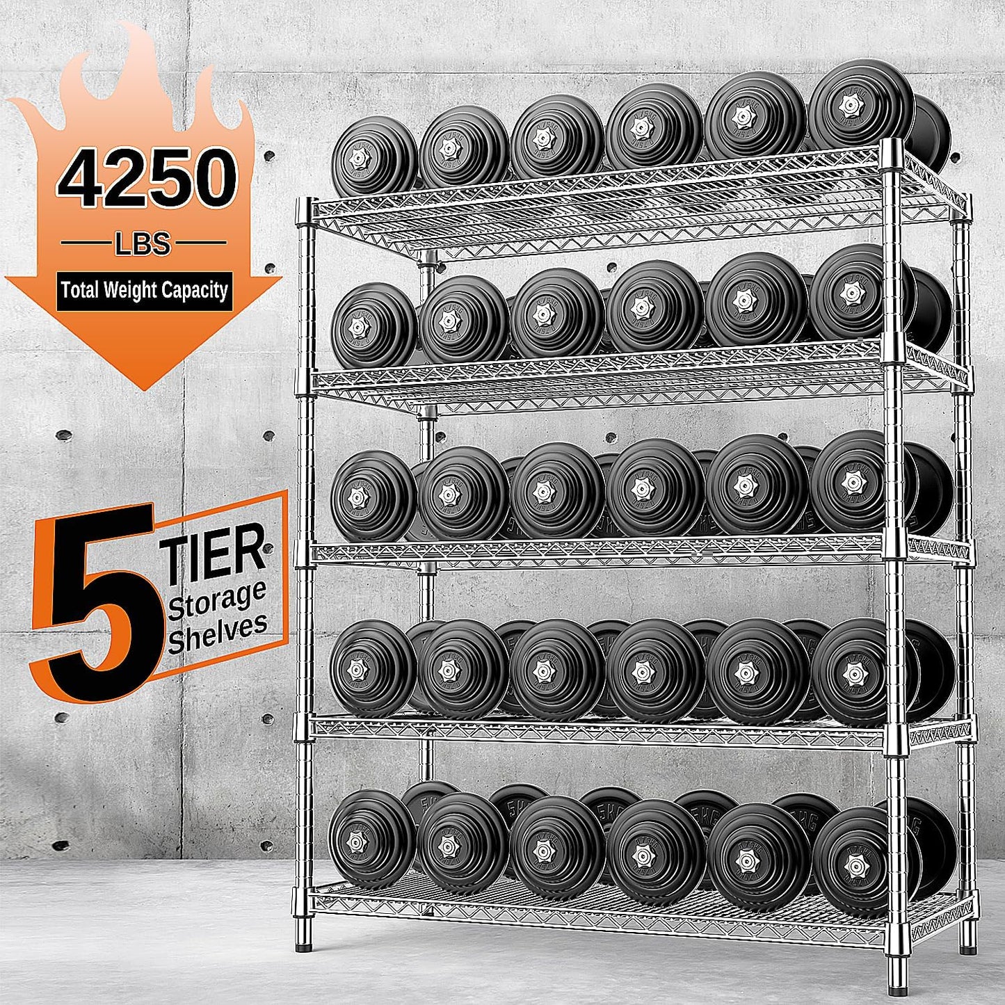 IZEUK 4250 LBS Garage Shelving Wide Storage Shelves 5 Tier Metal Shelves Heavy Duty Adjustable Utility Shelf Rack Chrome 17.7" D x 47.2" W x 70.4" H