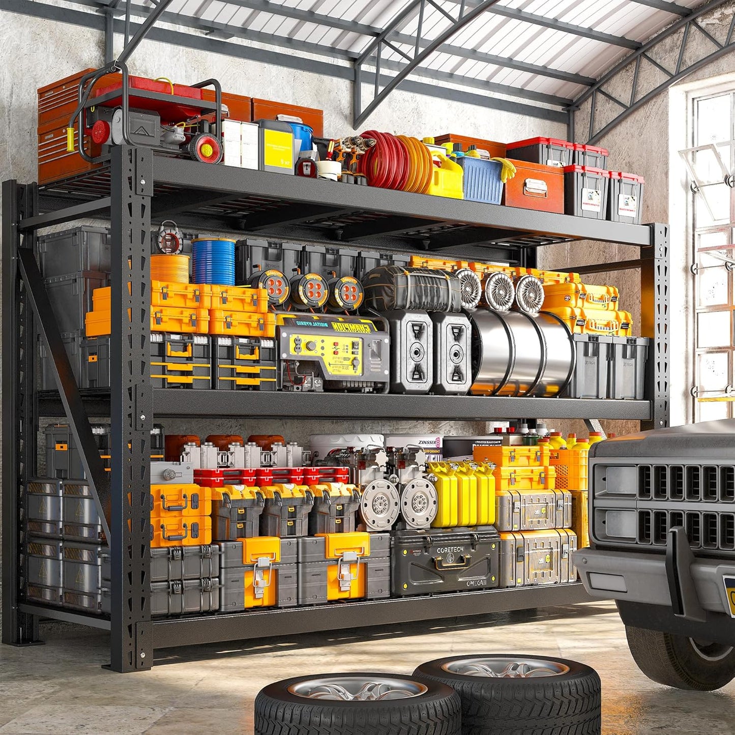 Bepatio 77" W Garage Shelving Storage Shelves, 3 Tier Metal Shelving Unit Heavy Duty for Storage, Adjustable Black Shelves for Commercial, Industrials, Garage, Basement, 77.2" W*23.7" D*66.2”H