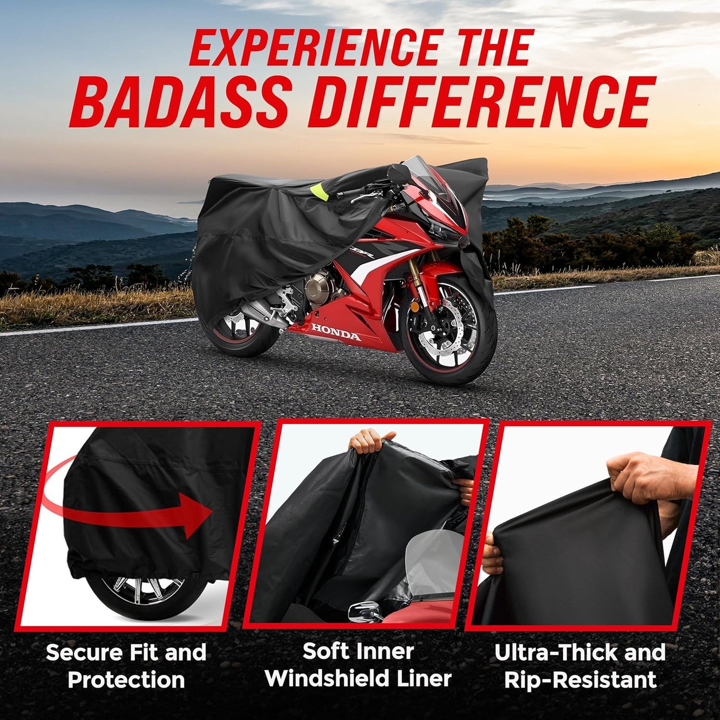 Badass Moto Ultimate Motorcycle Cover Waterproof Outdoor, Heavy Duty Motorcycle Cover for Harleys - Motorcycle Sun Cover, Fits Harley Davidson Motorcycle Covers, Street or Sportbike Cover - Small