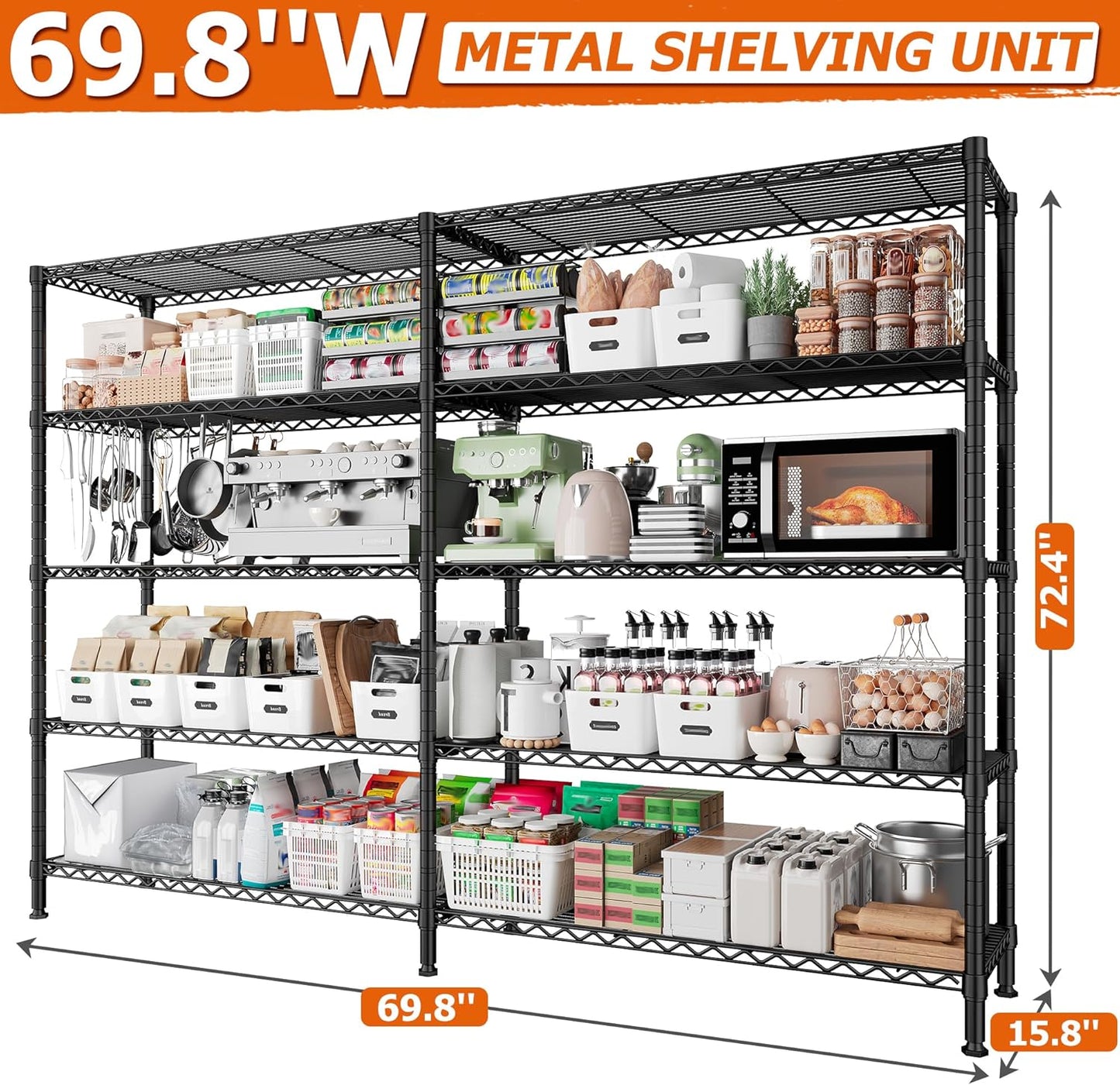 REIBII 1600LBS Storage Shelves Metal Shelving 5 Tier Wire Shelving Unit, 69.8" W Pantry Shelves Kitchen Shelves Adjustable Wire Shelf for Garage Storage Shelves, 69.8" Wx15.8 Dx72.4 H, Black