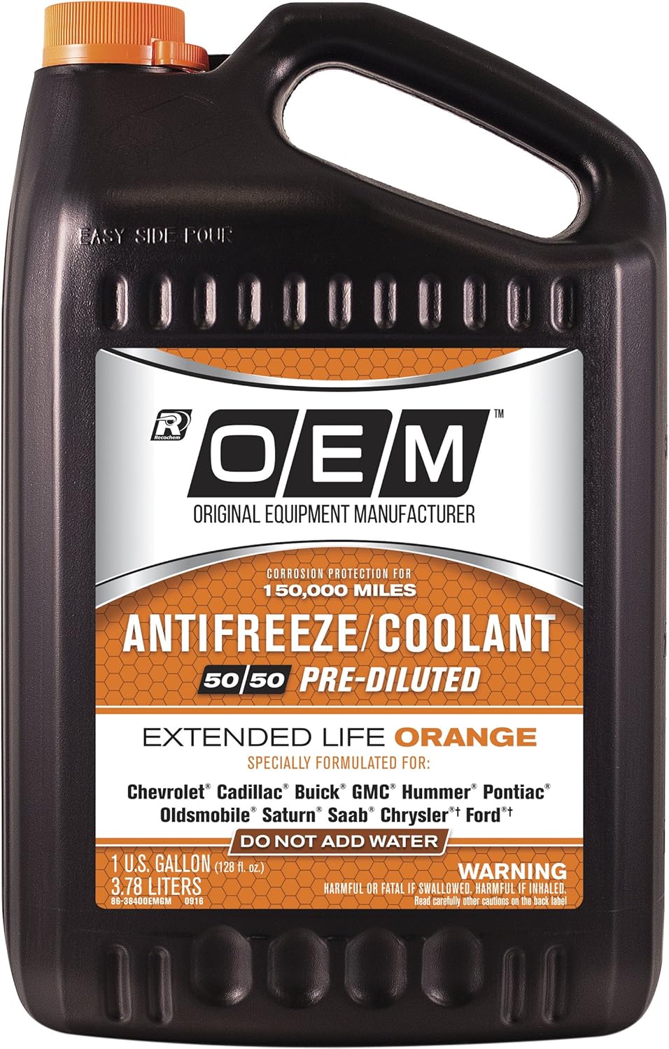 OEM Recochem American Vehicles Premium Antifreeze 50/50 Extended Life Coolant Orange, 1 Gallon, 4 Pack