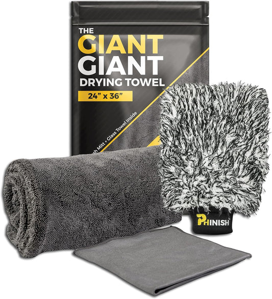 The Giant Giant 24"x36" Car Drying Towel – Ultra Absorbent 1200 GSM Twisted Loop Microfiber, Scratch-Free, Streak-Free, 70/30 Korean Blend – Includes Wash Mitt & Glass Towel for Auto Detailing
