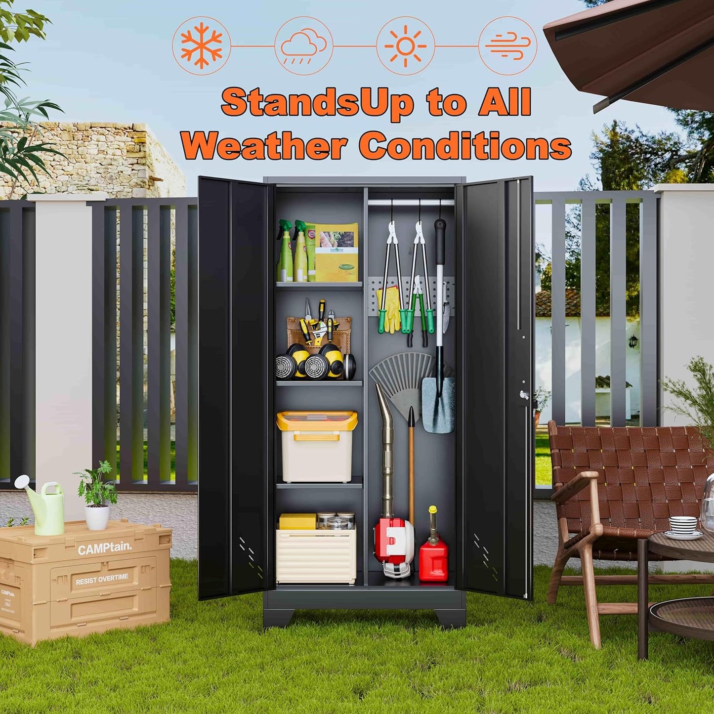 61" H Metal Storage Cabinet, Storage Shed with Shelves for Brooms and mops, Cleaning Supplies Closet with Removable Pegboard for Outdoor, Garage, Utility Room