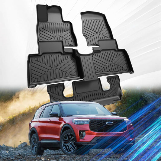Car Floor Mats for Ford Explorer 2020-2024 2025(Only Fit 6 Seats) Accessories,TPE All Weather Protection Floor Mats,Custom Fit 3 Rows Car Floor Liners Set,Heavy Duty Accessories,Black