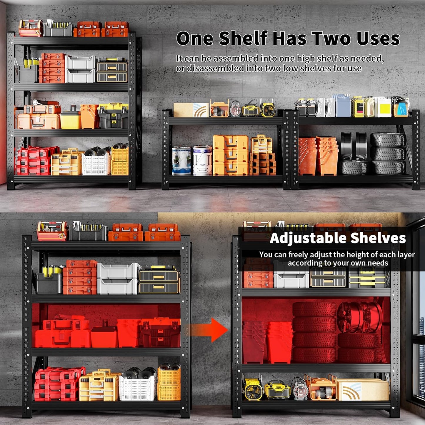 5000LBS Garage Shelving 59" W Garage Shelving Heavy Duty 4-Tier Metal Storage Shelves Adjustable Shelf Unit Storage Rack for Basement Supermarket Warehouse 59.1Wx19.7Dx78.8H Black