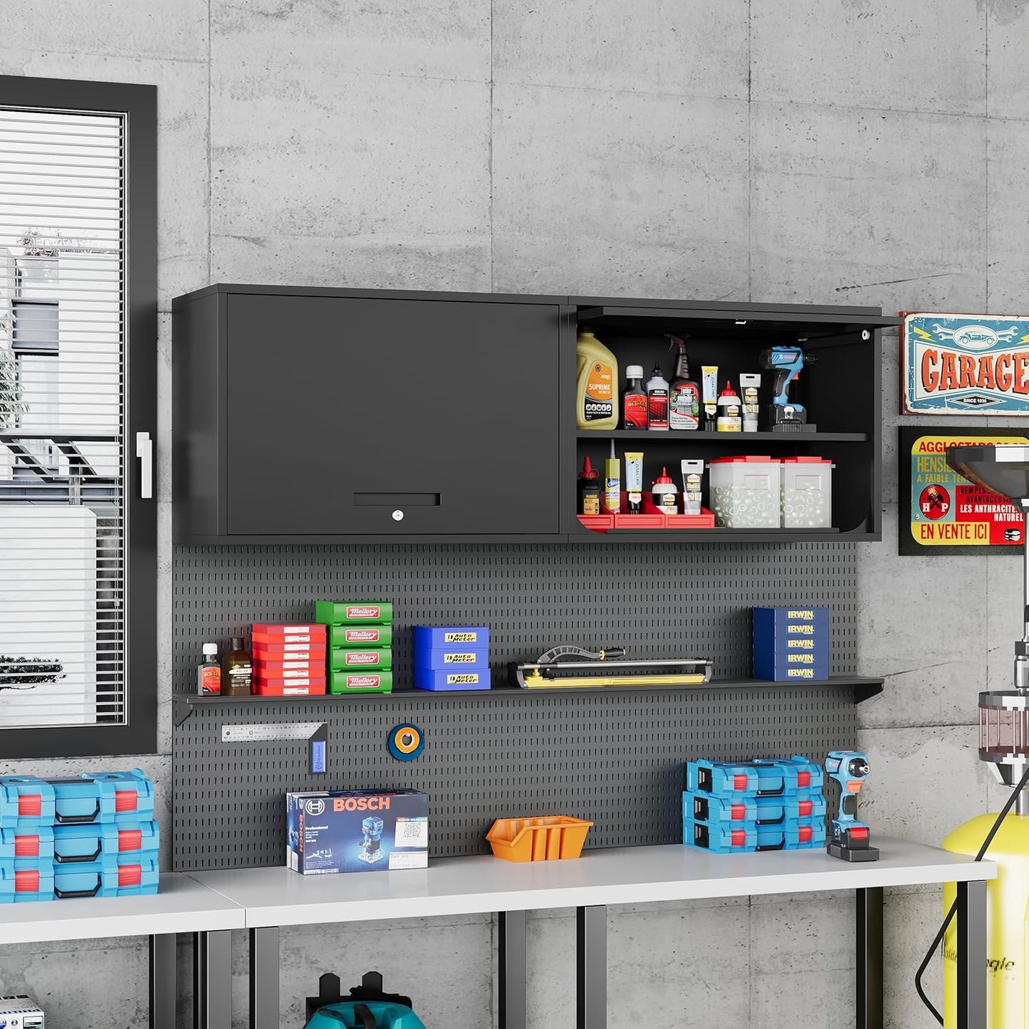 Metal Storage Cabinet Black Wall Cabinets with Shelf and Locking Door - Wall Mounted Storage Cabinet for Garage Warehouse Home Office - Assembly Required
