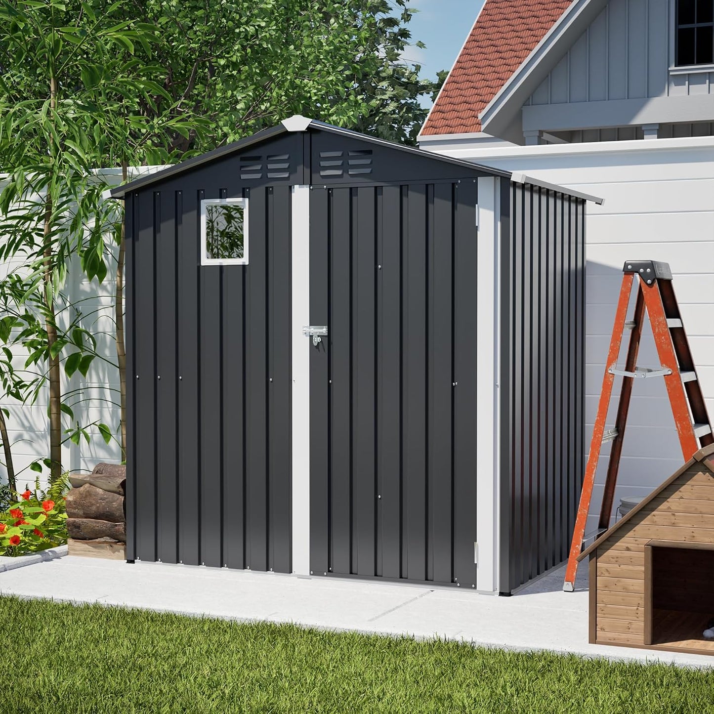 6x4 FT Outdoor Storage Shed,Metal Shed with Window,Garden Shed W/Dual Air Vents & Lockable Sliding Door,All Weather Waterproof Tool House W/Sloped Roof,for Patio,Yard,Lawn,Black