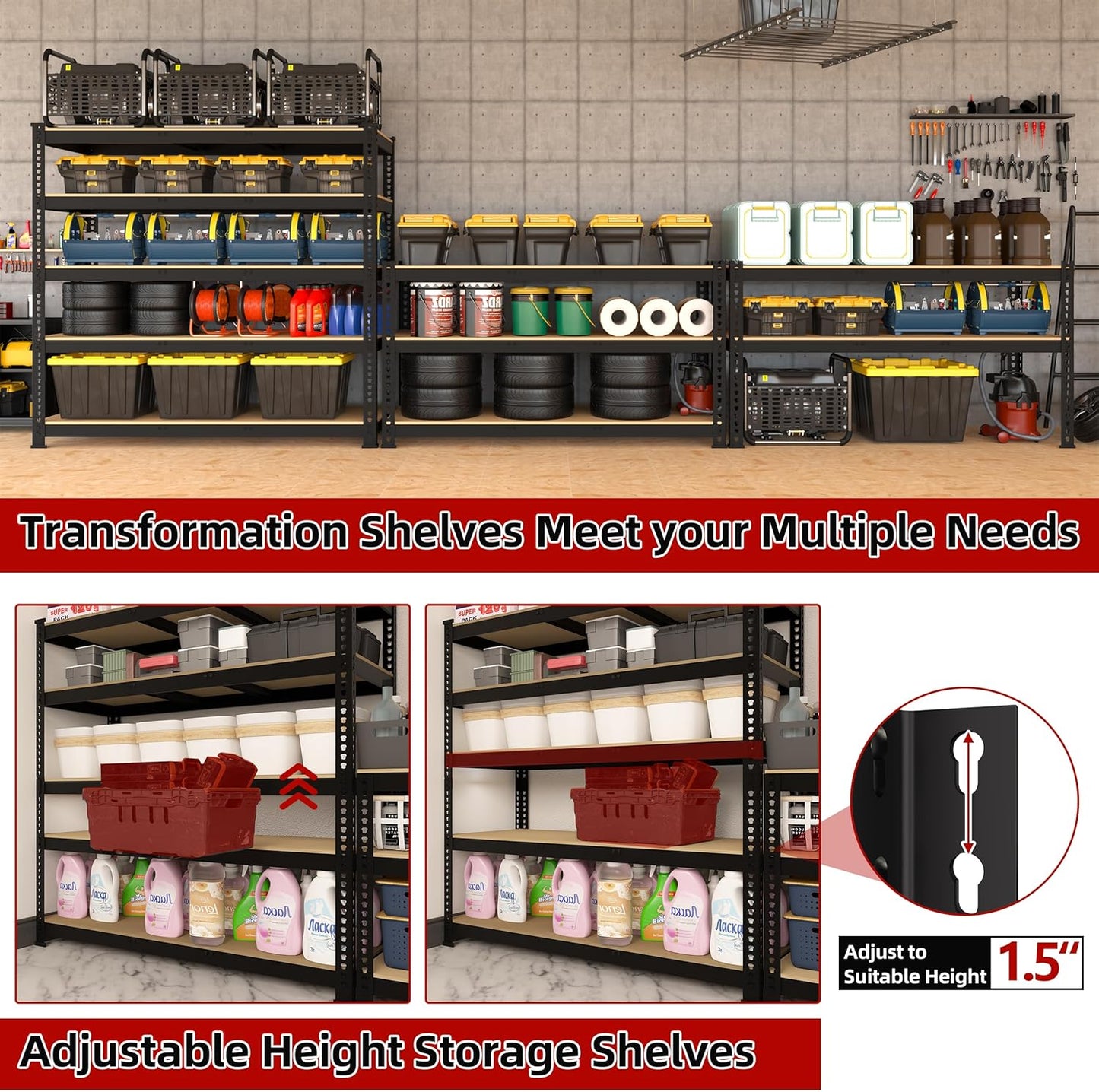 3 Packs 48" W x 24" D x 72" H Adjustable Garage Storage Shelves - 5-Shelf Heavy Duty Shelving Unit, Metal Utility Storage Organizer Racks for Warehouse Pantry Closet Kitchen, Black