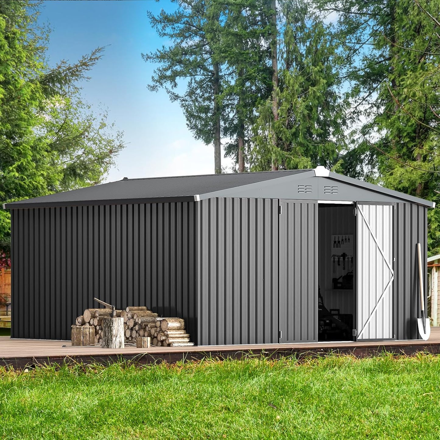 AECOJOY 12' x 12' Outdoor Storage Shed, Dark Grey Large Metal Sheds & Outdoor Storage Clearance Steel Yard Shed with Lockable Doors, Utility and Tool Storage Garden Shed for Backyard