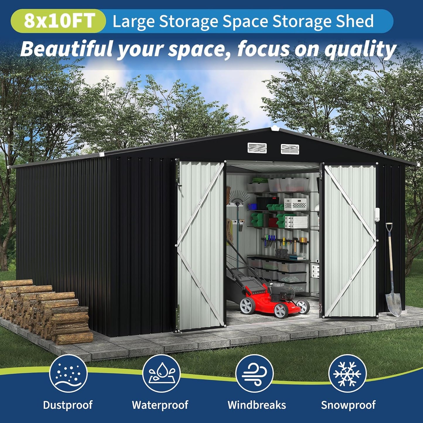 8x10 FT Metal Storage Sheds Outdoor with Floor, Metal Yard Sheds Garden Shed Kit, MetalTool Shed with Lockable Door, Metals UtilitySheds Buildings with Air Vent for Backyard Garden Patio Lawn