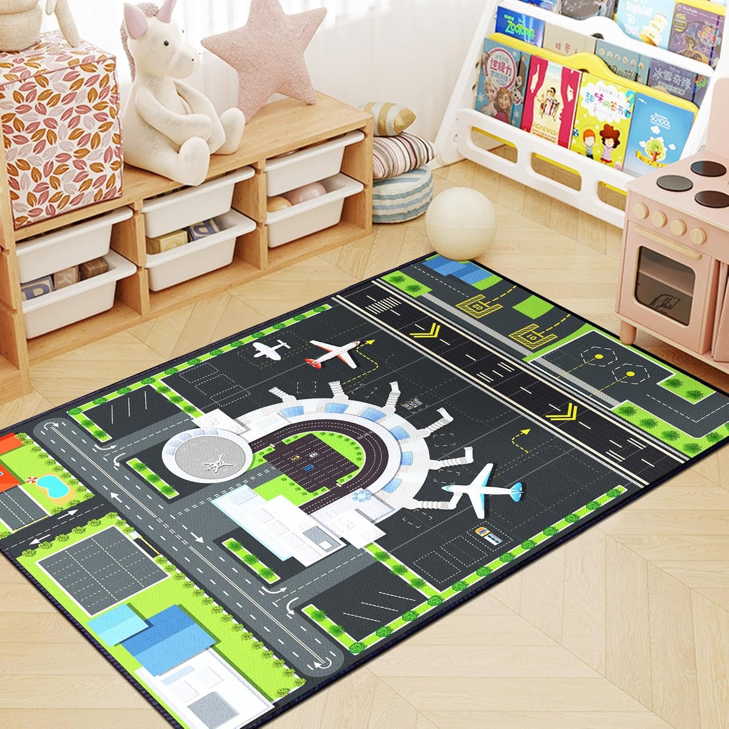 Playmat for Boys Playroom 5'x 6'6" Airport Mat for Kids Bedroom Traffic System and Aircraft Runway Rug Carpet Non-Slip Washable Area Rug