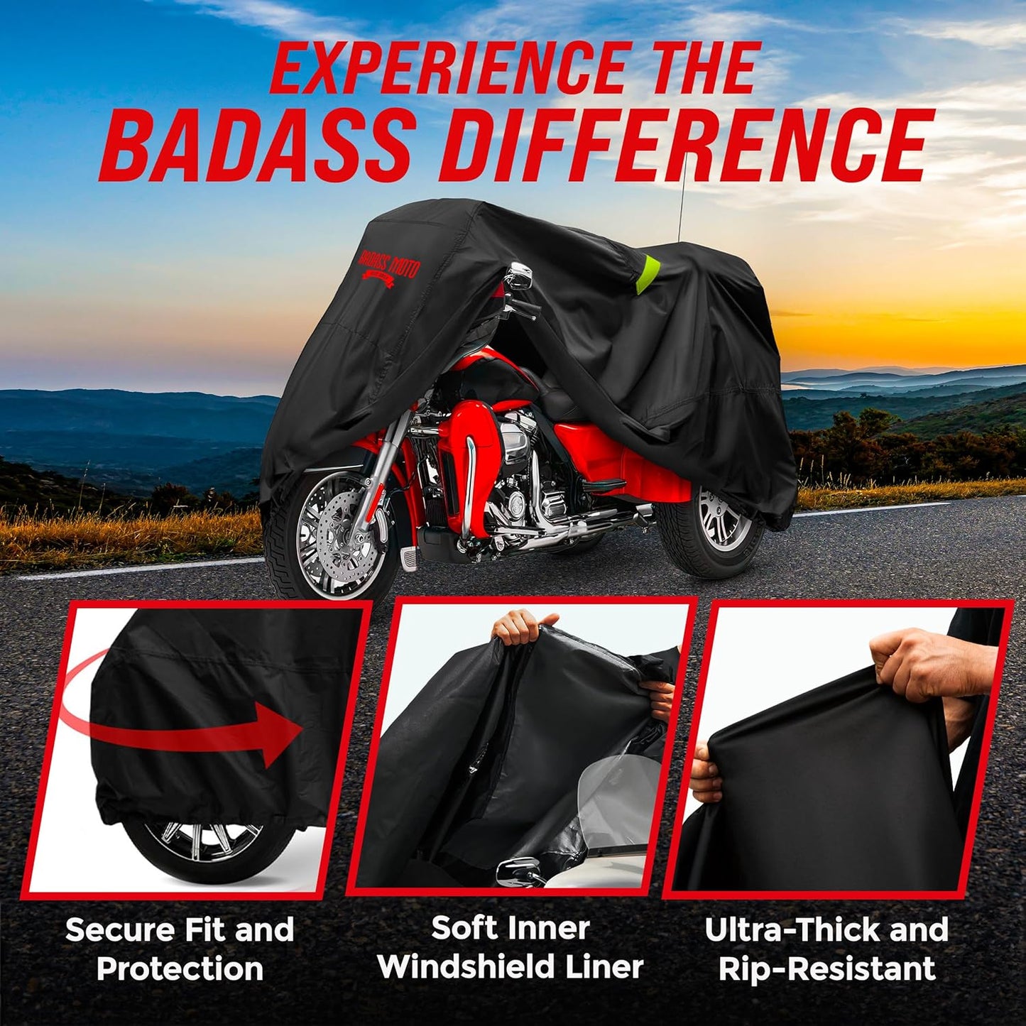 Badass Moto Fits Harley Davidson Trike Cover - Ultimate Heavy Duty Waterproof Motorcycle Cover Outdoor Storage for Tri Glide Ultra, HD Road Glide 3, Freewheeler - Triglide, Harley Trike Accessories