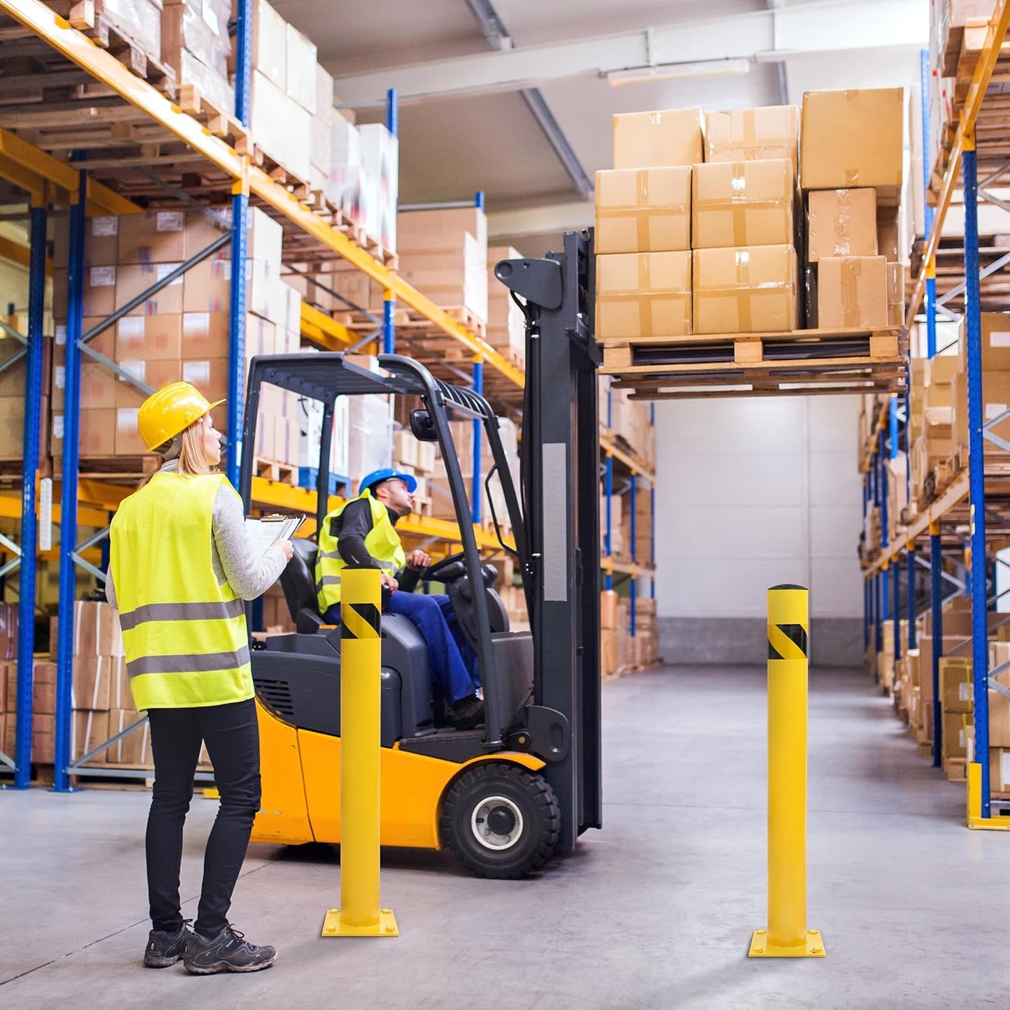 BISupply Safety Bollard Post Parking Barrier 6 Pack - 42in Yellow Pipe Bolt Down Bollard for Garage Lot