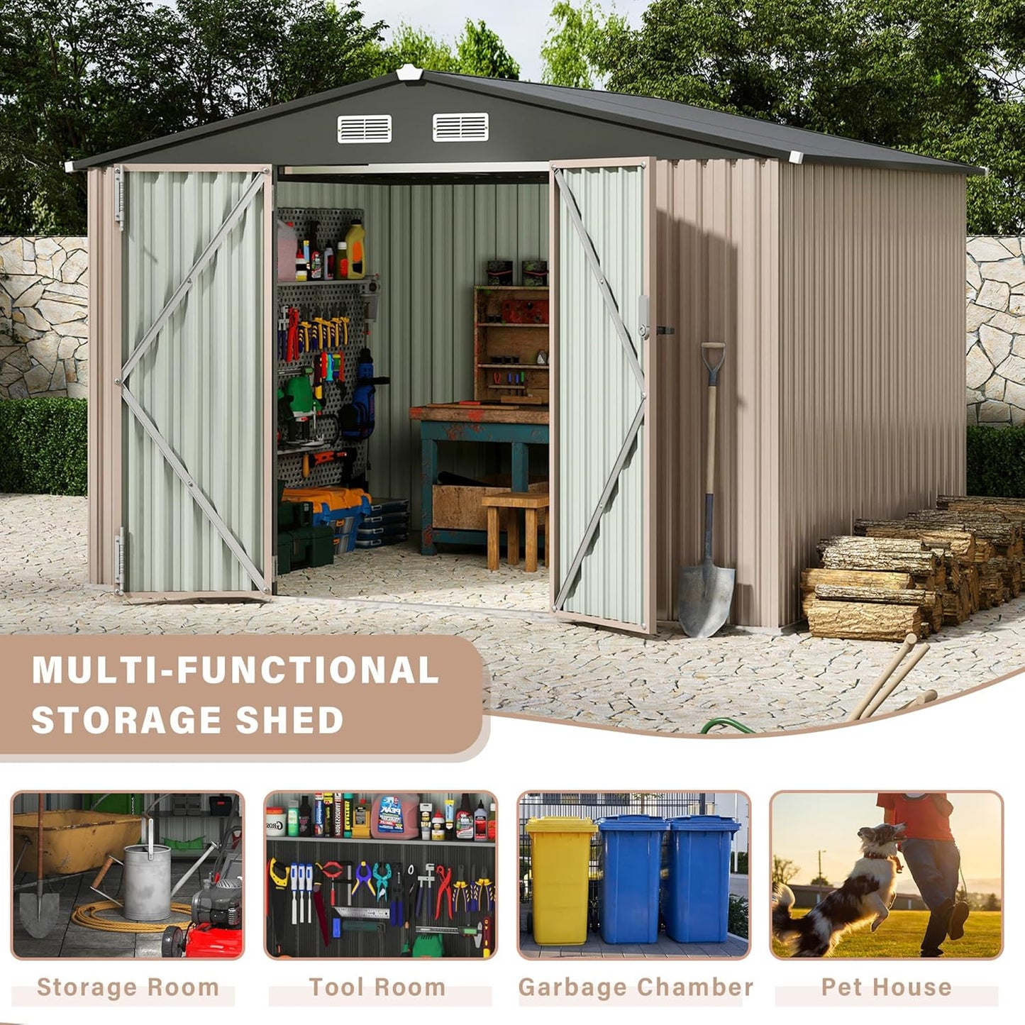 6x8x6.4 FT Outdoor Storage Sheds, Metal Garden Tool Shed for Backyard, Large Metal Sheds Outdoor Storage with Lockable Doors & Air Vents for Backyard Garden Patio Lawn