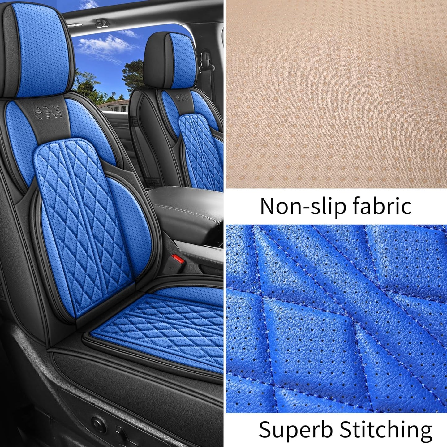 Car Seat Cover Custom Fit for Dodge Ram 1500 2500 3500 2009-2024 Faux Leather Seat Cover Set Compatible with Crew Quad Regular Cab Pickup Truck Cushions (Black & Blue, Full Set, Flat Rear)