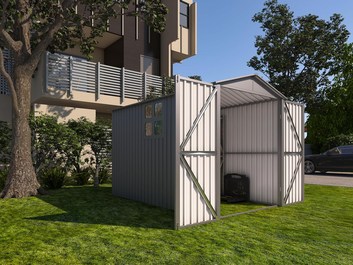 Motorcycle Steel Storage Shed with Window & Tracks,Outdoor Weather-Resistant Storage Box for Bikes, Tools, Sports Equipment,Easy Assembly, 121" W Gray