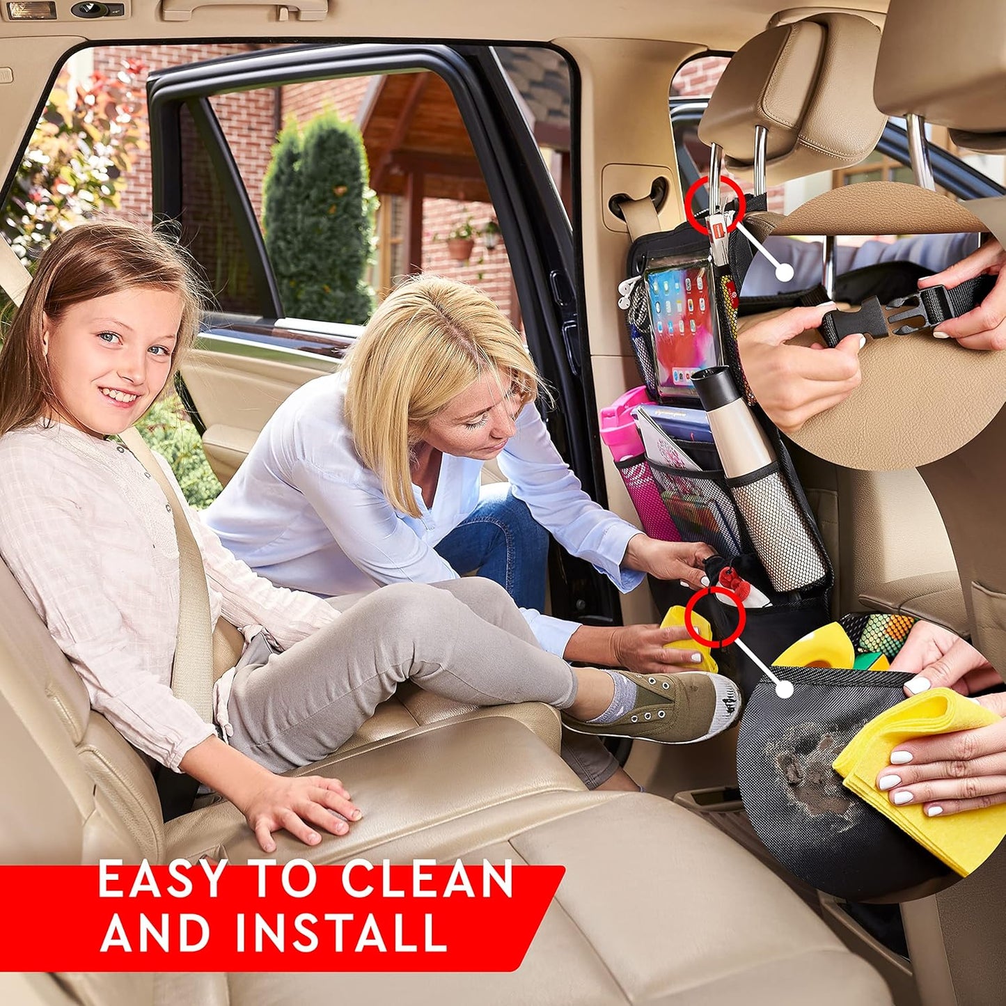 Helteko Backseat Car Organizer, Kick Mats Back Seat Protector with Touch Screen Tablet Holder, Back Seat Organizer for Kids with 9 Storage Pockets, Travel Accessories (2 Pack, Deep Pink)