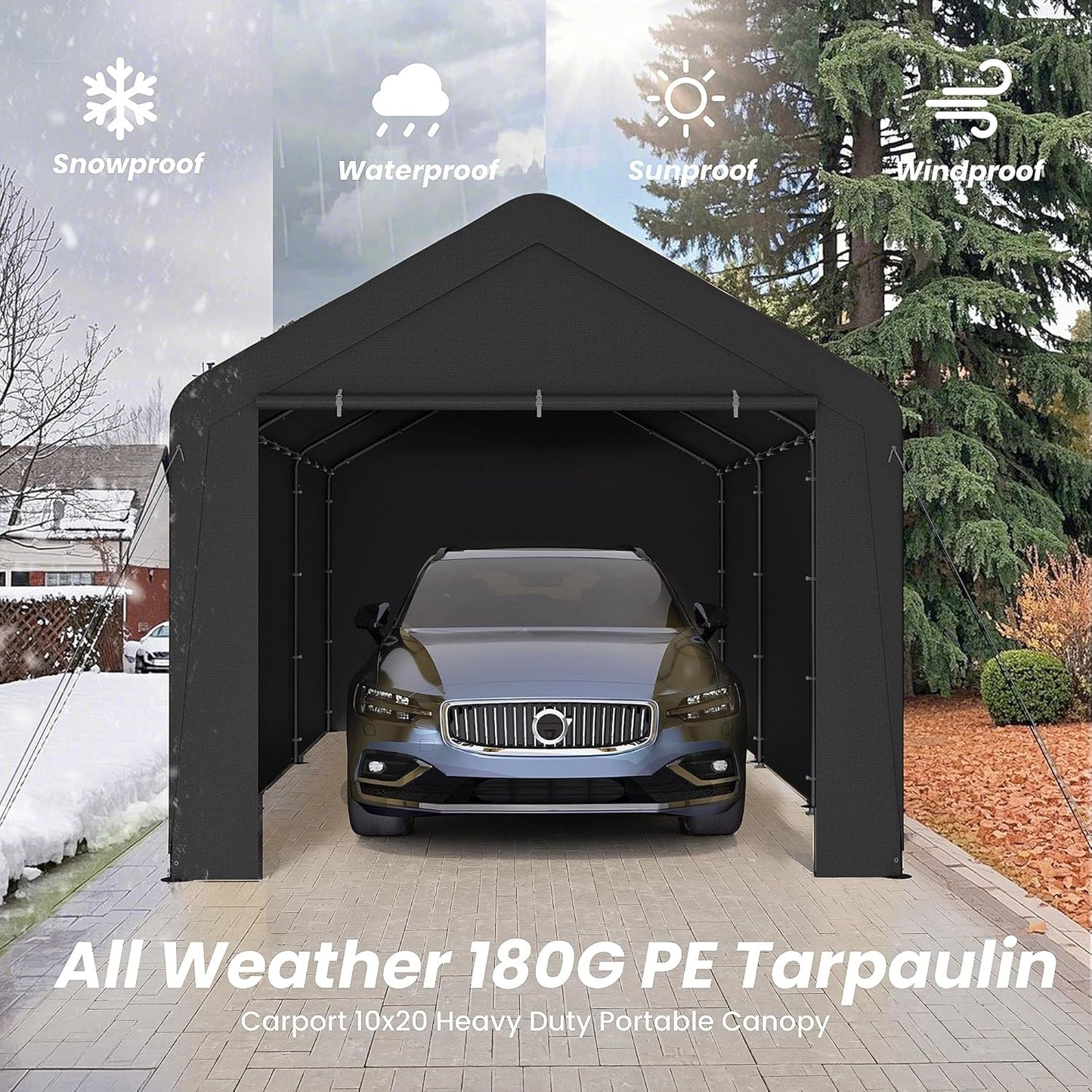 Carport 10x20 Heavy Duty Portable Garage w/Removable Sidewalls & Roll-Up Door Car Canopy Party Tents Waterproof UV Resistant All Weather Car Port for Trucks,Boats (Black)