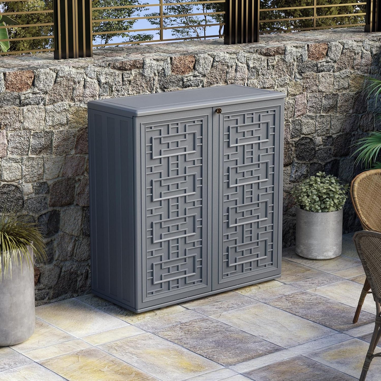 Indoor Outdoor Storage Cabinet Waterproof with Shelf,Plastic Storage Sheds Outdoor Cabinets for Patio/Garden/Backyard, Size 34.3''L*15''W*36.2''H（Gray）