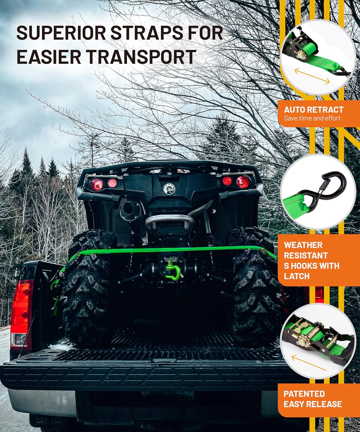 Strapinno Retractable Ratchet Tie-Down Straps,5,000 lbs Breaking Strength- 2 in x 12 ft Heavy Duty Ratchet Strap with Safety Lock S Hooks for Motorcycles, ATVs, UTVs, Lawn Equipment & Cargo (Green)