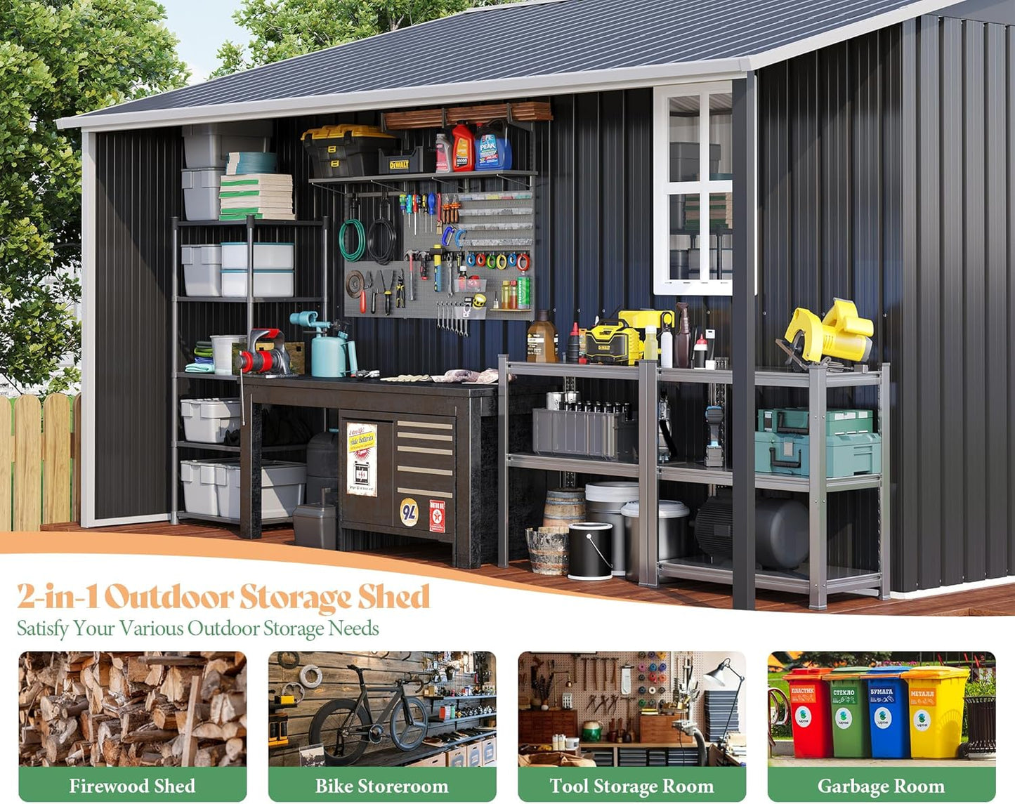 Jocisland 10.6x6.8x6.3 FT Galvanized Metal Storage Shed with Open Firewood Bay, Sliding Doors & Ramp, 2 Windows & Vents, Weather-Resistant Outdoor Tool/Garden Shed, Dark Grey/White