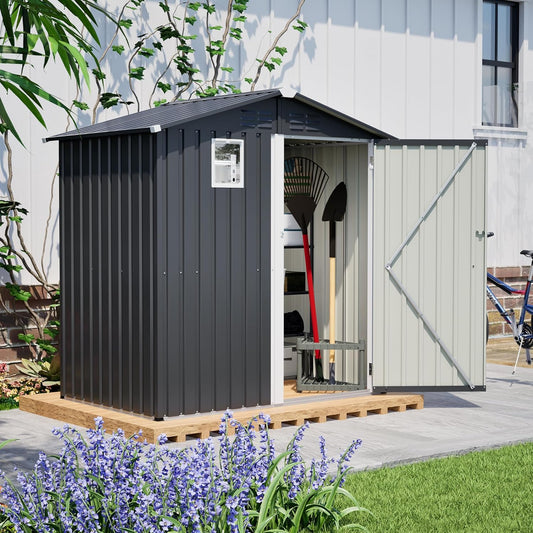 Outdoor Storage Shed, 6 X 4ft Metal Galvanized Steel Garden Shed with Floor Frame, Utility Tool Shed Storage House with Window for Backyard, Patio, Lawn