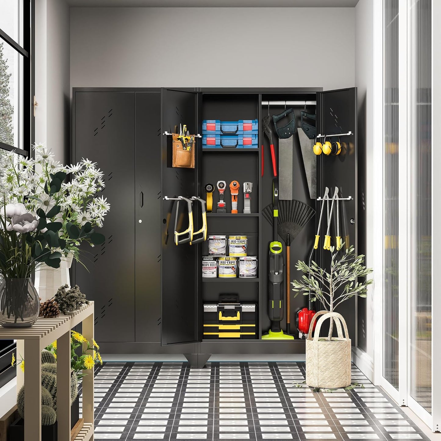 71" Metal Garage Tools Storage Cabinet with Doors and Shelves, Broom Tool Storage Filing Cabinets with Lock, Black Cleaning Supplies Organization Cabinet with Hanging Rod