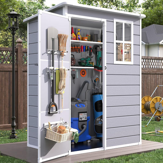 Resin Outdoor Storage Shed, 5x3FT Plastic Garden Shed with Floor, Lockable Door & Window, Waterproof Tool Shed for Backyard Garden Patio Lawn Grey White