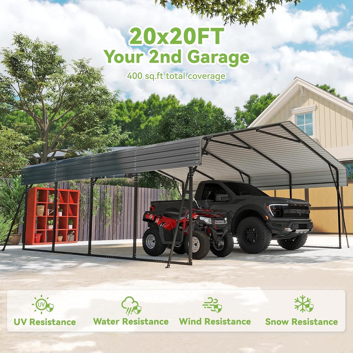 Real Relax 20x20ft Heavy Duty Metal Carport with Galvanized Steel Roof, 4 Support Legs, Outdoor Car Port Shelter for 2 Cars, Trucks and Boats