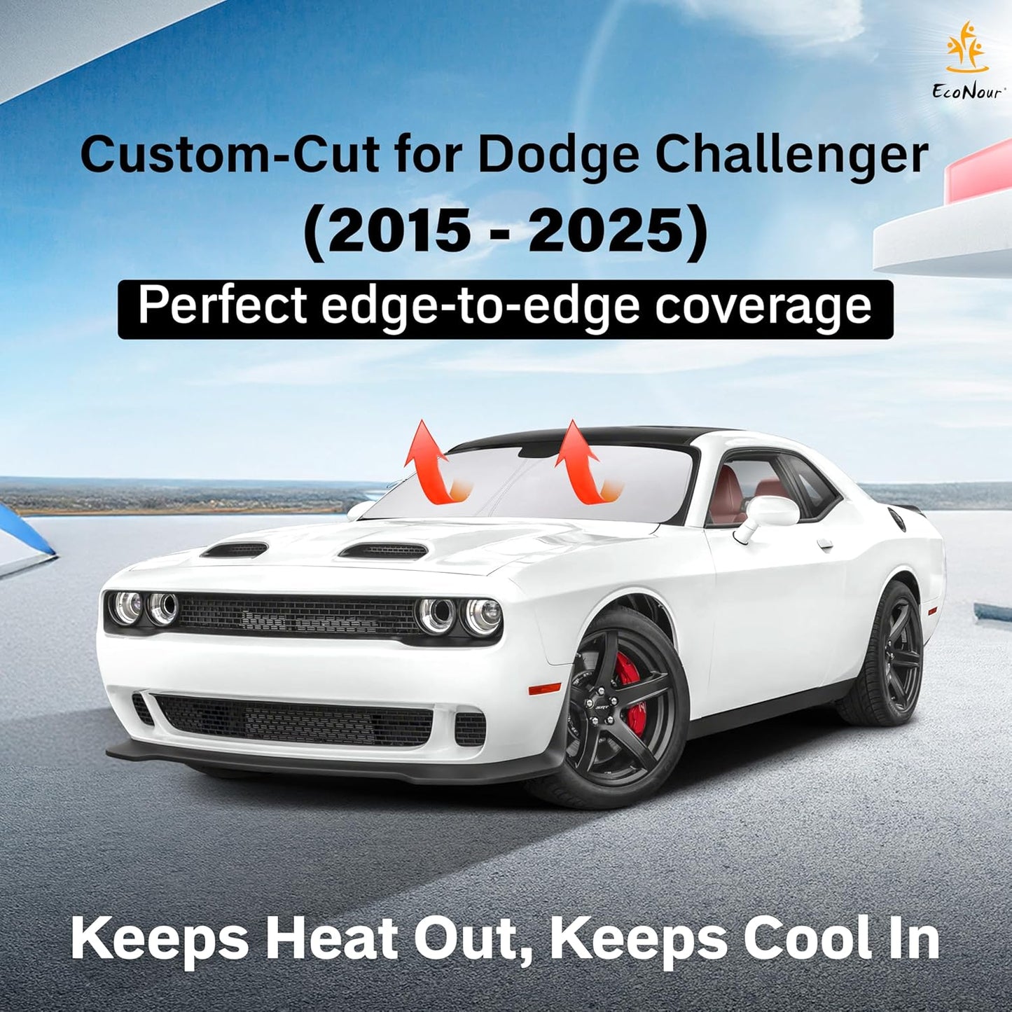 EcoNour Windshield Sun Shade Compatible for Dodge Challenger (2015-2025) | 4-Layer Front Window Shade for Coupe Models | 240T Sunshade Accessories | UV & Heat Blocker for Challenger Windshield