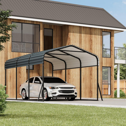 10 x 15 FT Metal Carport with Galvanized Steel Roof, Heavy Duty Metal Roof Carport with Enhanced Base, Tall Kits Garage for Tractors, Trucks, Boats, Cars