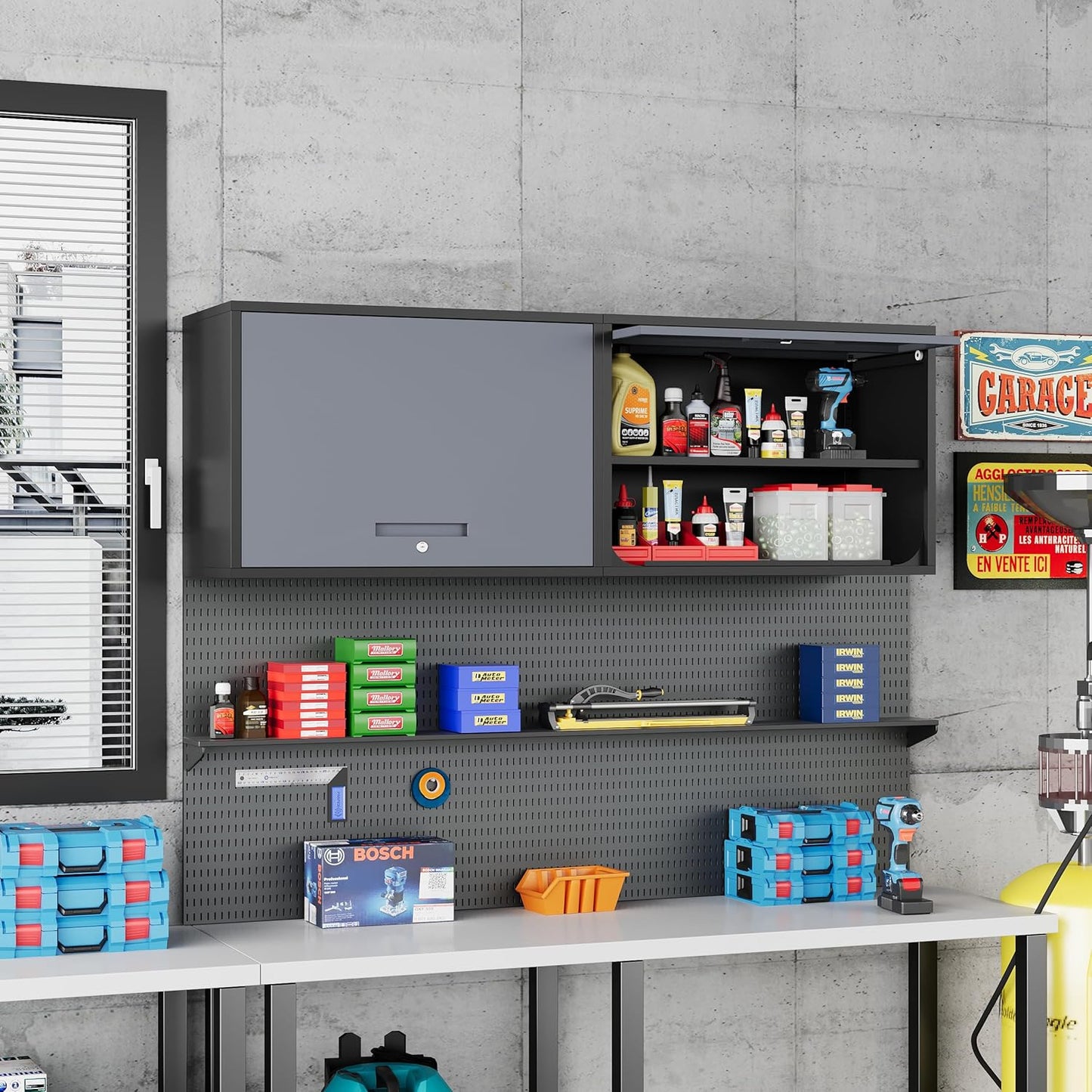 Metal Storage Cabinet Black&Gray Wall Cabinets with Shelf and Locking Door - Wall Mounted Storage Cabinet for Garage Warehouse Home Office - Assembly Required