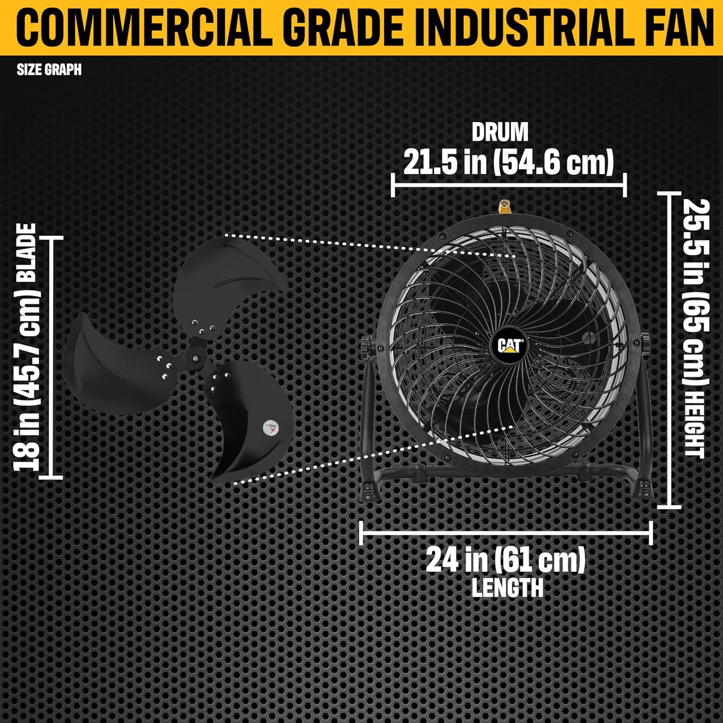 CATERPILLAR 18 inch High Velocity, 3400 CFM, 4 Speed, 360 Degree Metal Heavy Duty Pivioting Drum Air Circulator Fan, Yellow. For Home, Garage, Workshop, & Commerical Use. cETL Certified.