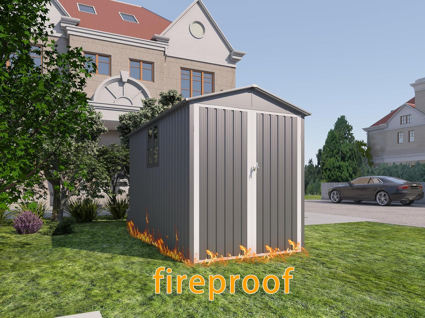 Motorcycle Steel Storage Shed with Window,Outdoor Weather-Resistant Storage Box for Bikes, Tools, Sports Equipment,Easy Assembly, No Tracks or Fixtures Needed, 121" W Gray+White