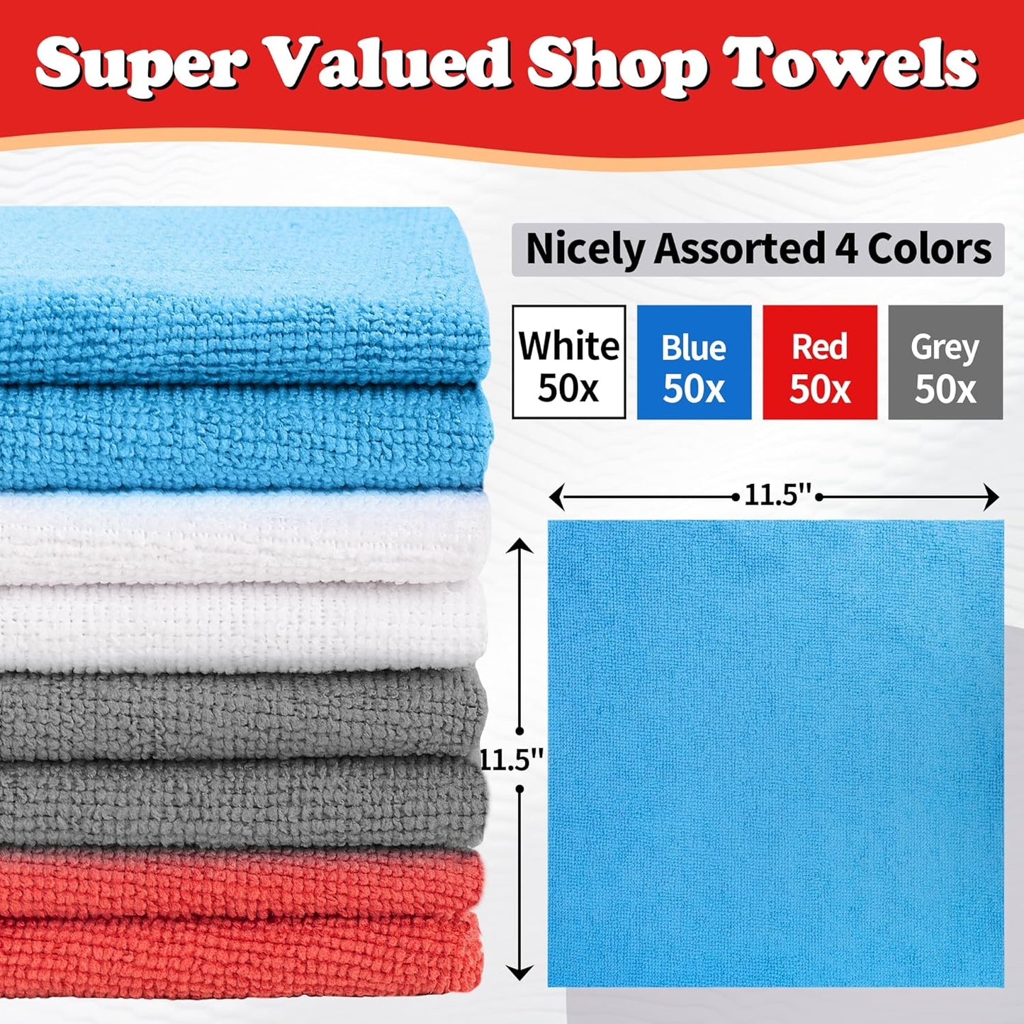 FIXSMITH Shop Towels, Microfiber Cleaning Cloth Bulk, 200 Pack Microfiber Towels for Cars, All-Purpose Absorbent Cleaning Rags, Dust Cloth for Automotive, Mechanic, Garage, Bar, 11.5 x 11.5 inch