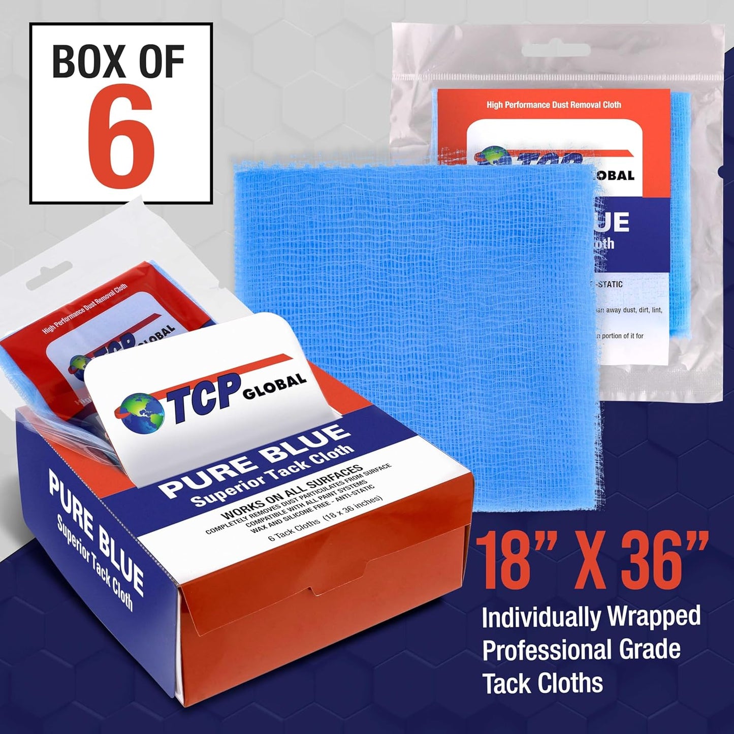 TCP Global - Pure Blue Superior Tack Cloths - Tack Rags (Box of 6) - Automotive Car Painters Professional Grade - Removes Dust, Sanding Particles, Cleans Surfaces - Wax and Silicone Free, Anti-Static