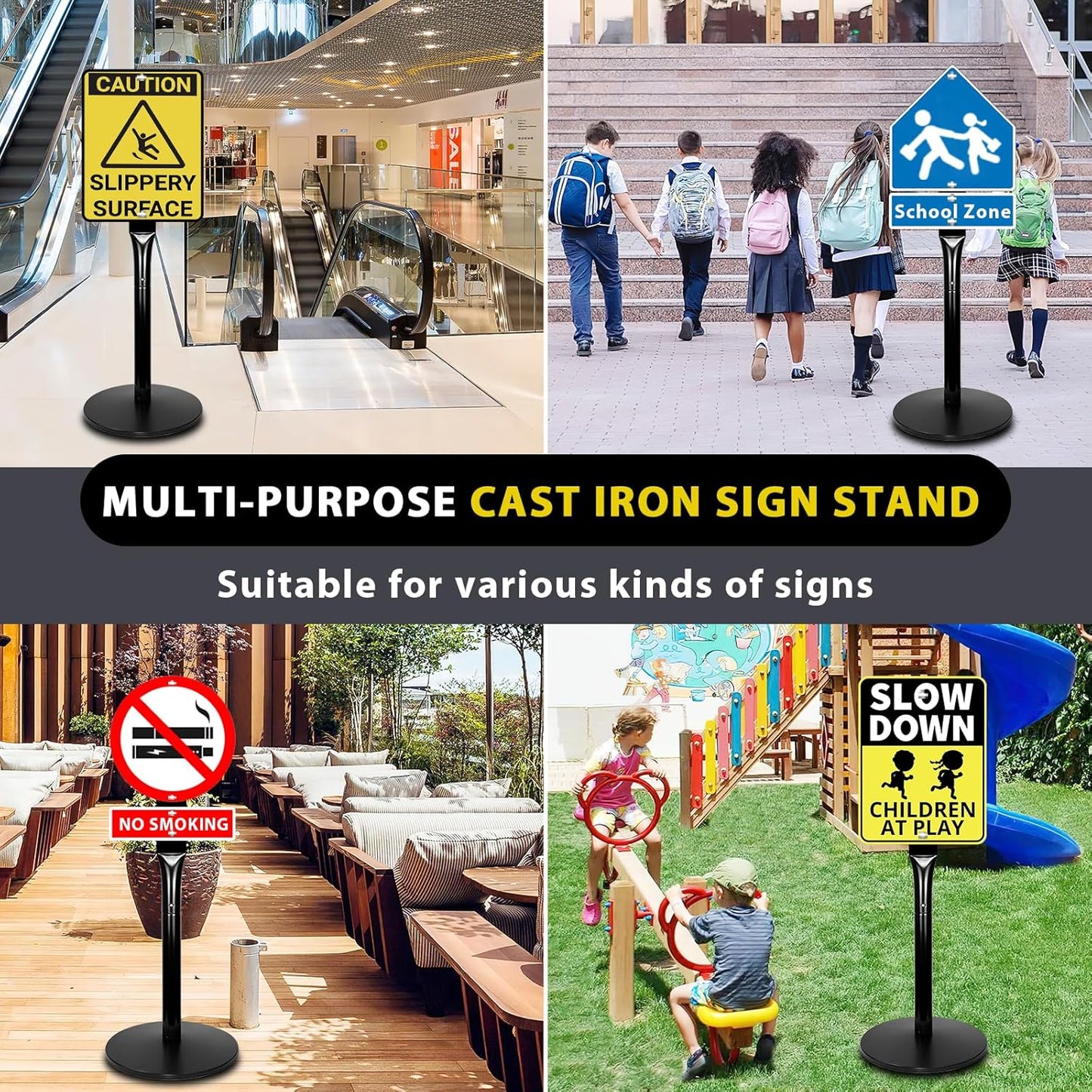 Parking Sign Post with Base - 20 Lbs Heavy Duty Parking Sign Stand for Hanging Traffic Construction Street Warning Notice, Movable Black Cast Iron Base Stand for Outdoor Use, 1 Pack