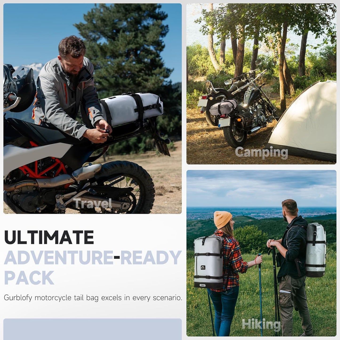 Motorcycle Tail Bag, 30L Waterproof Motorcycle Saddle Bag, 2 Size and 3 Color Options Luggage Bag, PVC Travel Bag, Rear Seat Bag, Stone Grey GT-30GRY