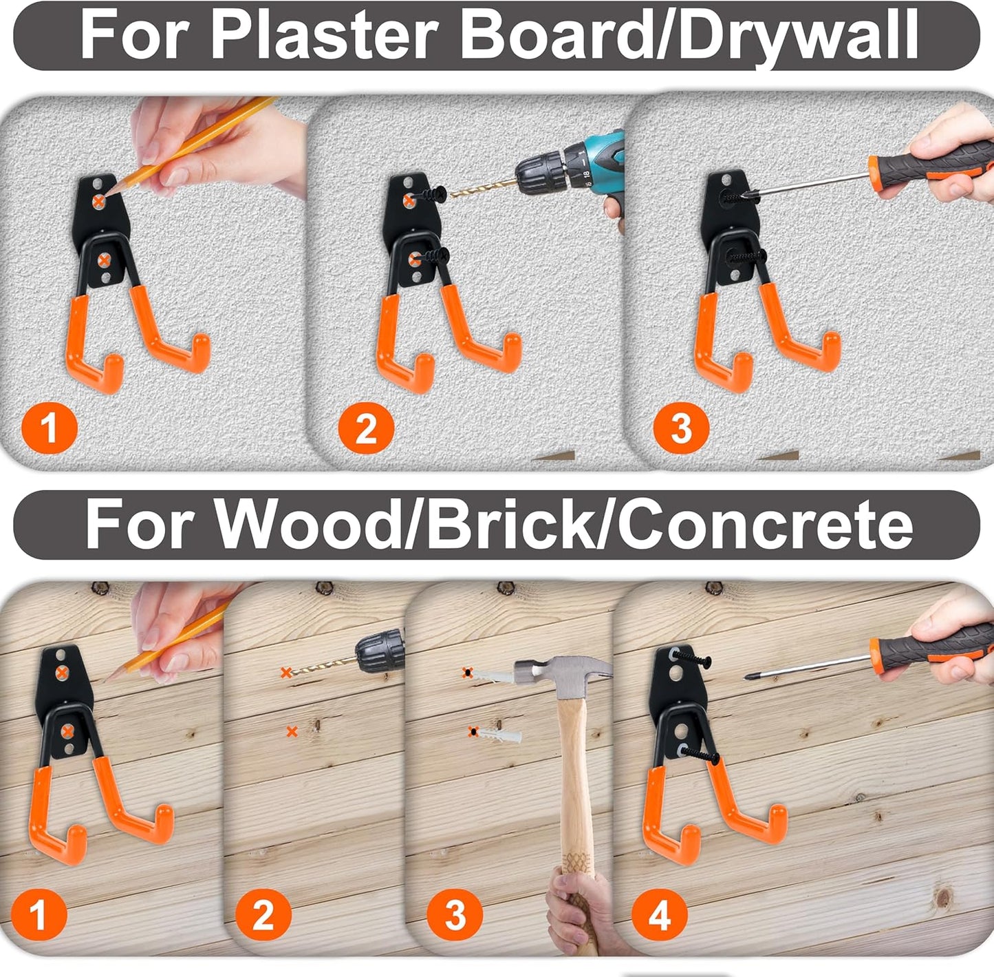 QUELIEN 4 Pack Garage Wall Hooks, 2 Large 7.5 in & 2 Small 2.5 in Heavy-Duty Cord Organizers for Garage Storage, Space-Saving Design for Home, Garage, and Workshop Use