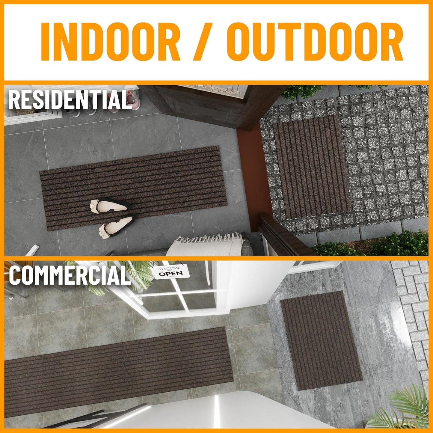 Ottomanson 2'7" x 26' Hallway Runner with Scraper Pile - Extra Durable Non-Slip Rug Mat for Indoor & Outdoor Use - Ideal for Kitchen, Entryway & Garage - High-Traffic Carpet, Brown