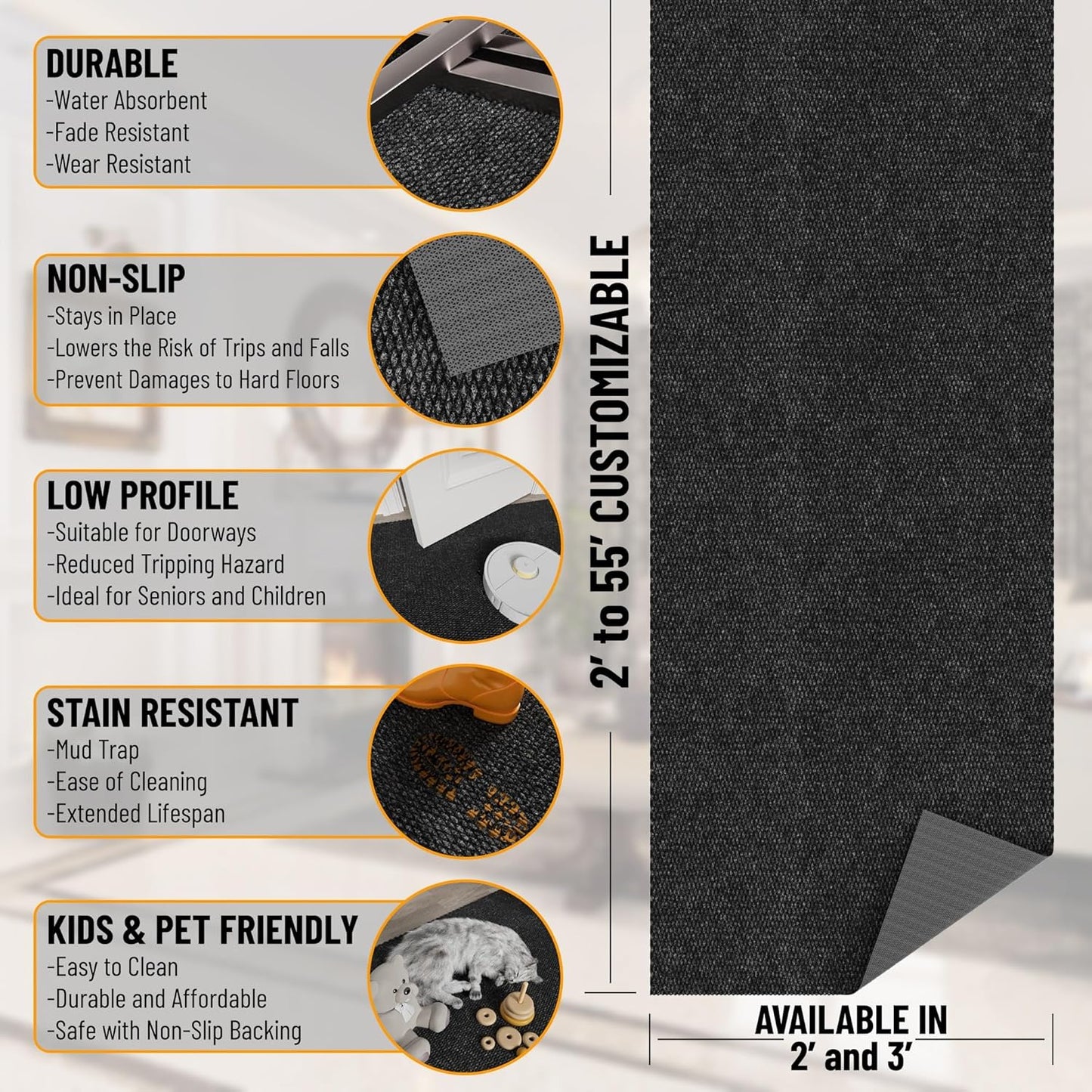 Ottomanson 2' x 41' Hallway Runner with Scraper Pile Extra Durable Non-Slip Rug Mat for Indoor & Outdoor Use - Ideal for Kitchen, Entryway, Patio & Garage - High-Traffic Carpet, Black