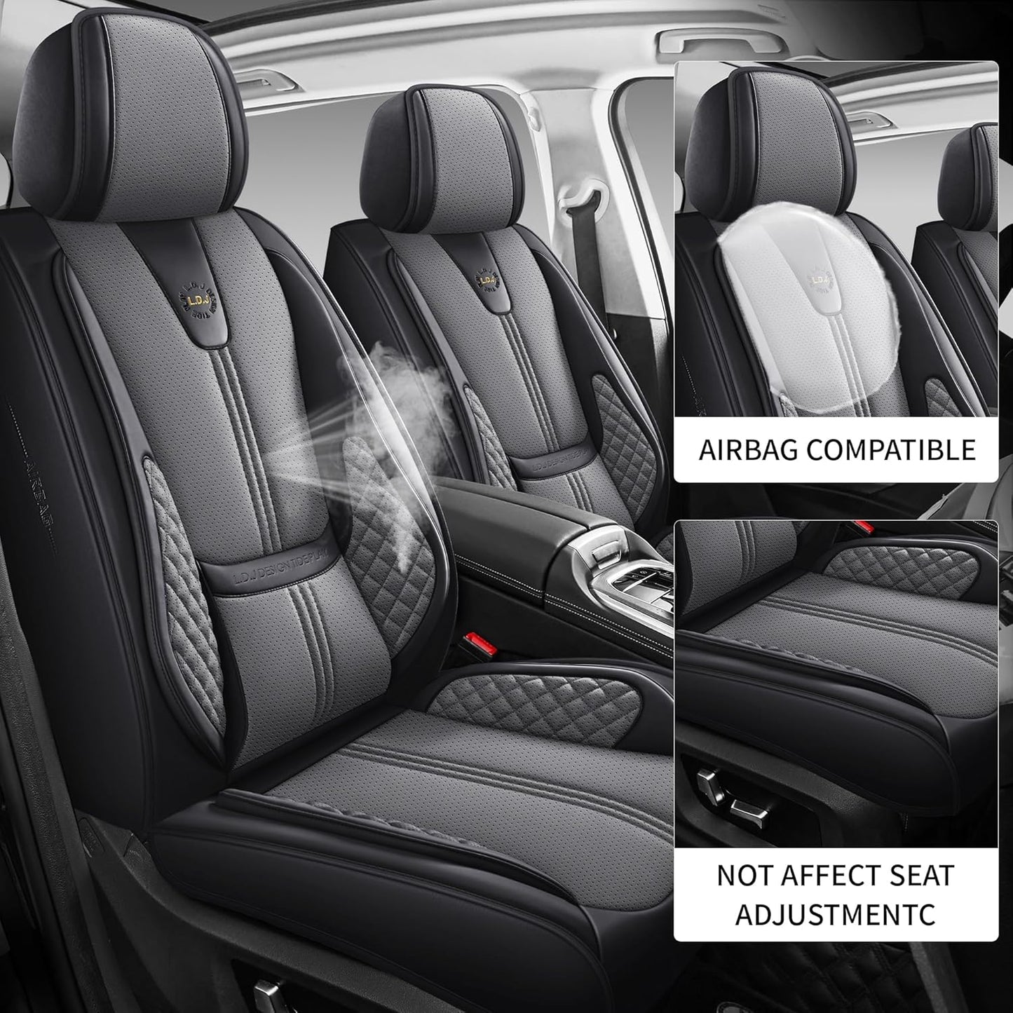 Car Seat Covers Front Only, Black Seat Cover for Cars Compatible Airbag, Easy Install Luxury Leather Automotive Seat Covers with Lumbar Support, for Car, Truck, SUV, Grey