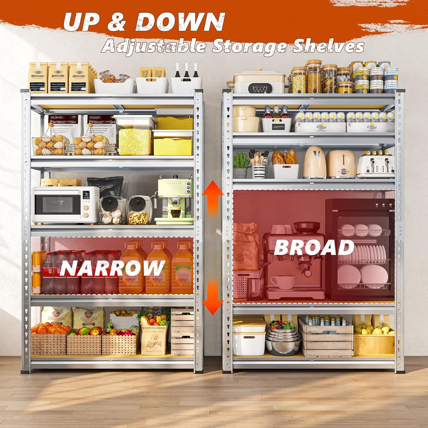 REIBII Garage Shelving, 5 Tier Storage Shelves Load 2020LBS, Adjustable Garage Shelving Heavy Duty, Metal Shelves Unit with Waterproof Columns, 35.5" W x 11.9" D x 72" H, Galvanized, 2 Pack