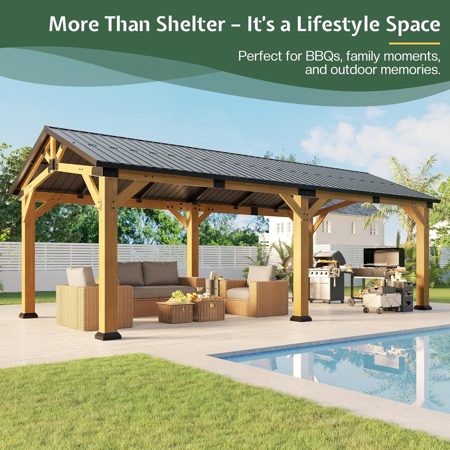 Jocisland 12x24 FT Cedar Wood Hardtop Carport with Steel Roof, Waterproof Outdoor Gazebo Pavilion, Heavy-Duty Snow & Wind Resistant Canopy for Patio, Driveway, Garden