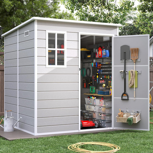 Resin Outdoor Storage Shed with Floor, 6x6 FT Plastic Garden Shed, Lockable Door & Window, Waterproof Tool Shed for Bike, Garbage Can, Lawn Mower, Patio Furniture Bedge